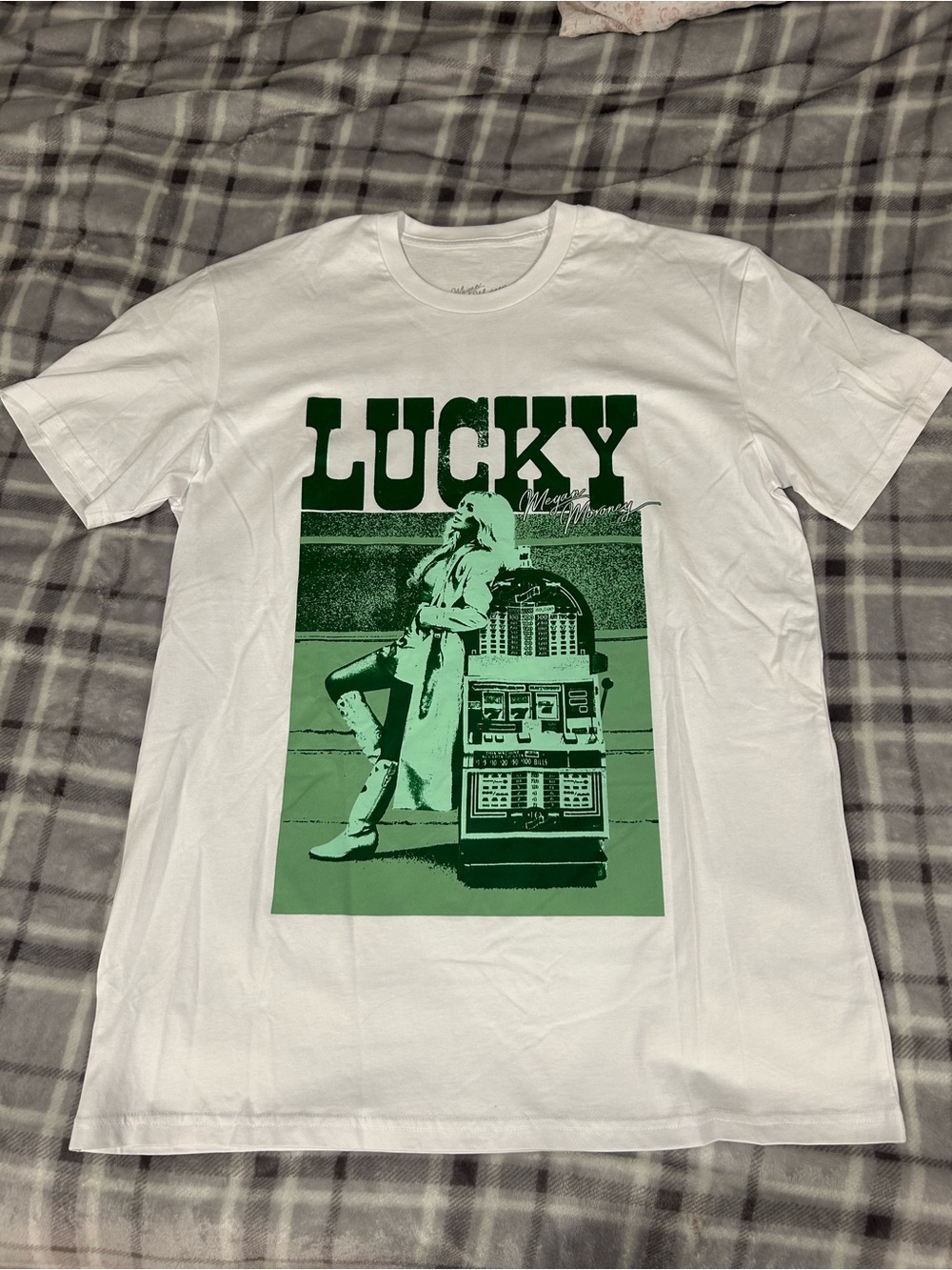 Official Megan Moroney White "Lucky" Graphic T-Shirt - Green Print